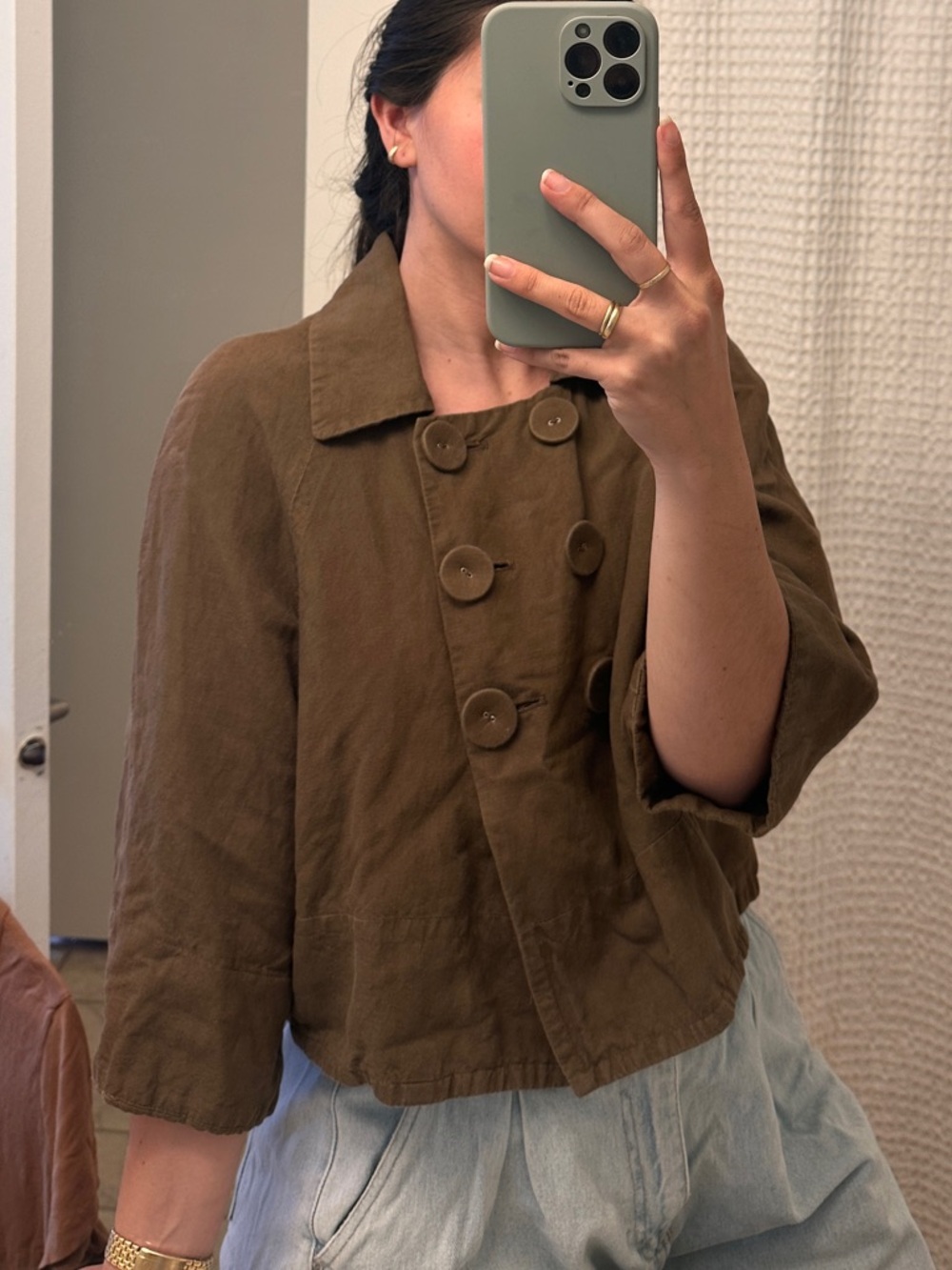 Sandro Brown Linen Cropped Double-Breasted Jacket